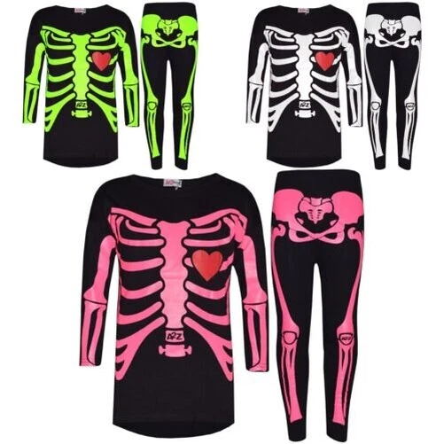 Bambine Top Scheletro Stampa T Shirt Maglietta E Legging Set Costume Halloween