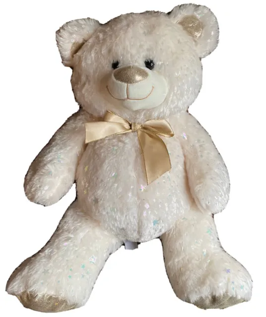 Teddy Bear  Plush Ivory & Gold Shimmer Stars Gold Ribbon Bow 17” inch