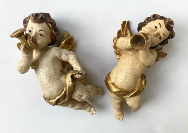 Antique Pair Wood Carved Italian Baroque Putti Cherub Angel Figures