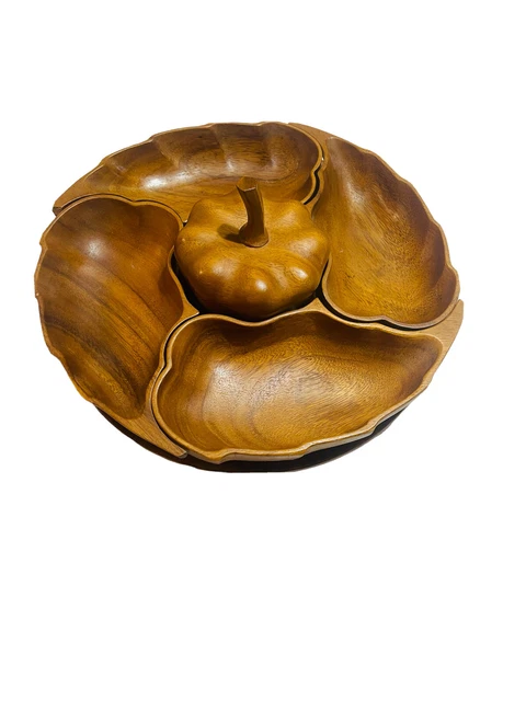 Vtg Mid Century Monkey Pod Acorn Leaf  Set W/ Lazy Susan Tiki Excellent