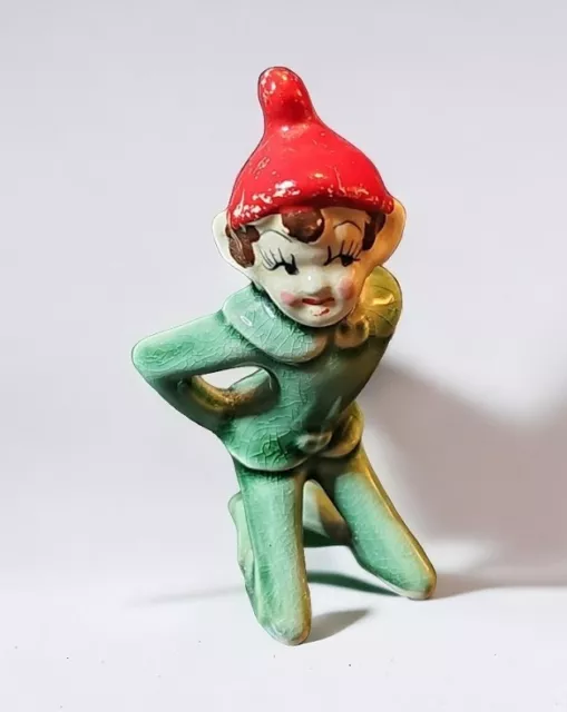 Pixie Elf Kneeling Green w Red Hat Porcelain Japan Vintage MCM Christmas