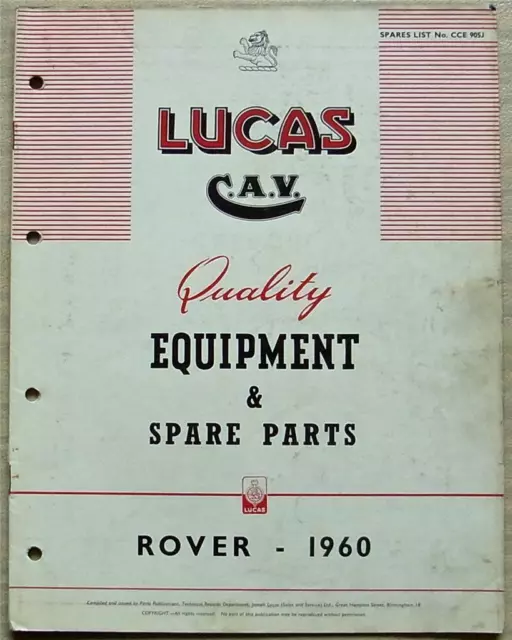 LUCAS CAV ROVER & LANDROVER Equipment & Spare Parts List 1960 #CCE 905J