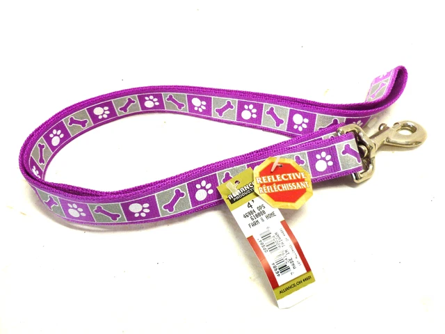 Coastal Lazer Brite Reflective 4 feet length 1" W. dog leash Purple w/Bone & Paw
