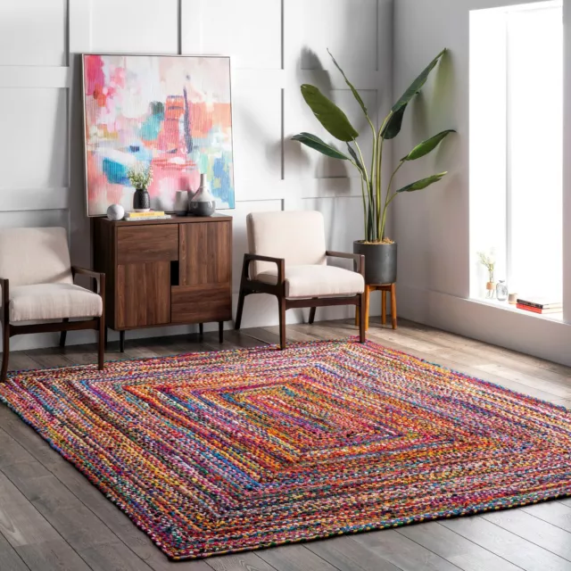 nuLOOM Hand Made Bohemian Braided Cotton Area Rug in Multi Color Chindi