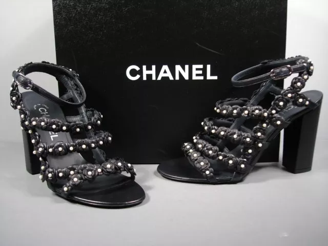 CHANEL DARK NAVY Lambskin Strappy Camellia Pearls Sandals Shoes