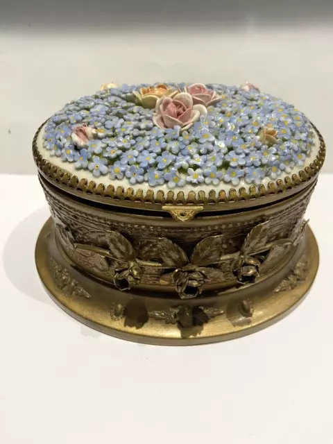 Antique French Ormolu Ink Well With Porcellaine Flowers Lid