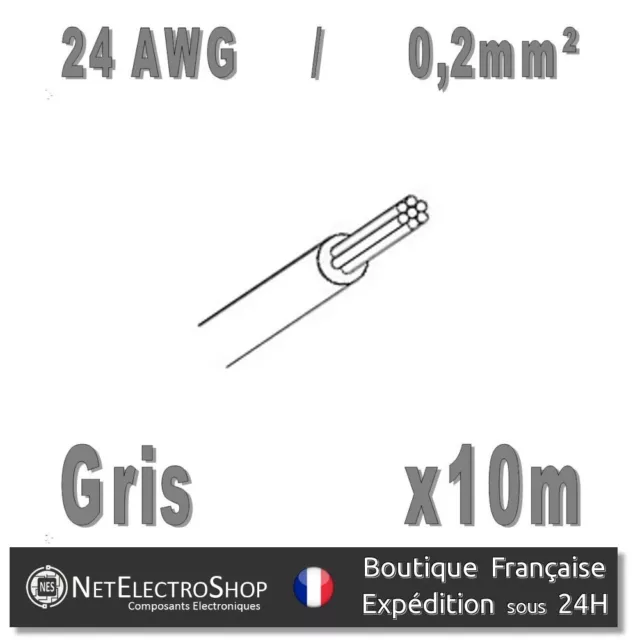 Fil de cablage 24AWG / 0,2mm² Gris 10m