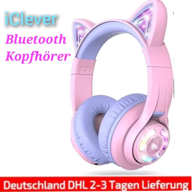 iClever Bluetooth Kinder Kopfhörer, BTH13 Katzenohr LED Leuchtpink