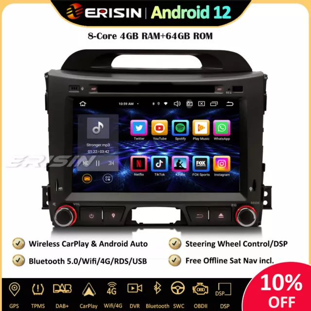 64GO Android 12 Autoradio GPS DAB+CD DSP CarPlay DVD BT5.0 For Kia Sportage 3 SL