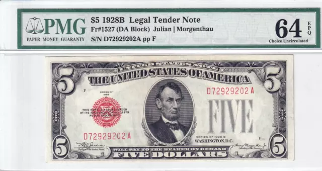 1928-B $5 Legal Tender Note PMG Choice Uncirculated 64EPQ #D72929202A