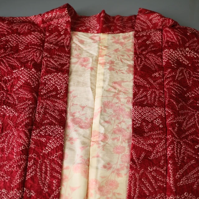 Vintage Haori Women's Japanese Jacket for Kimono Shibori Tie Dye Red Leaves