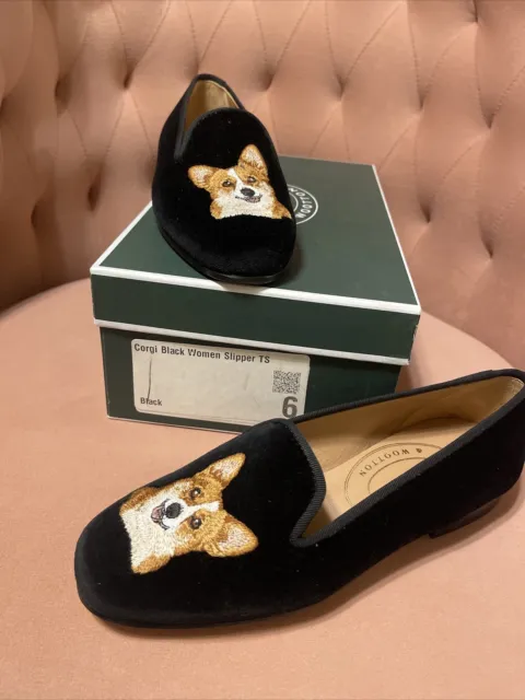 NEW! Women's Stubbs & Wootton Black Corgi Velvet Slippers Loafers Shoes 6 Box