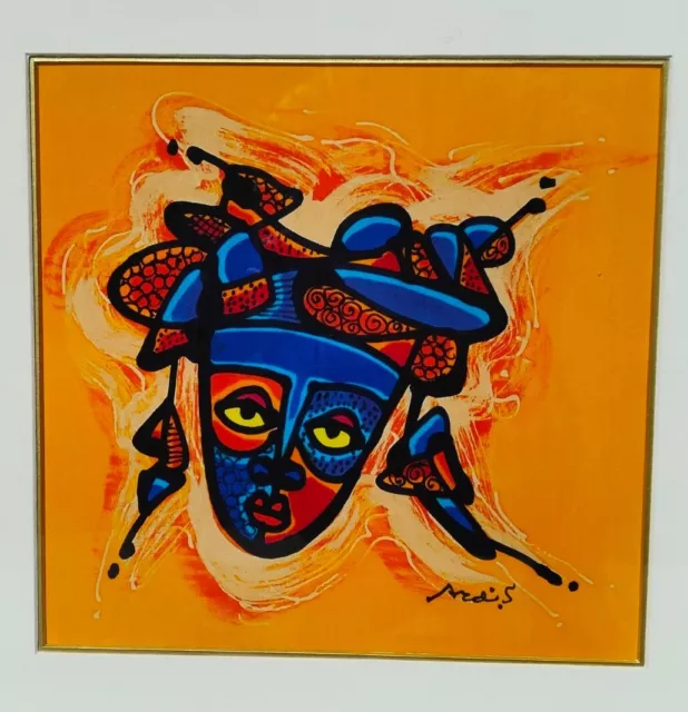 Contemporary Tribal African Art Painting On Silk Fabric Batik Mask Signed 3