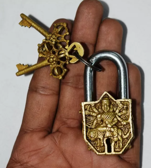 Brass Goddess Durga Design Padlock Handmade Religious Unique Gift Lock Item ML55 2