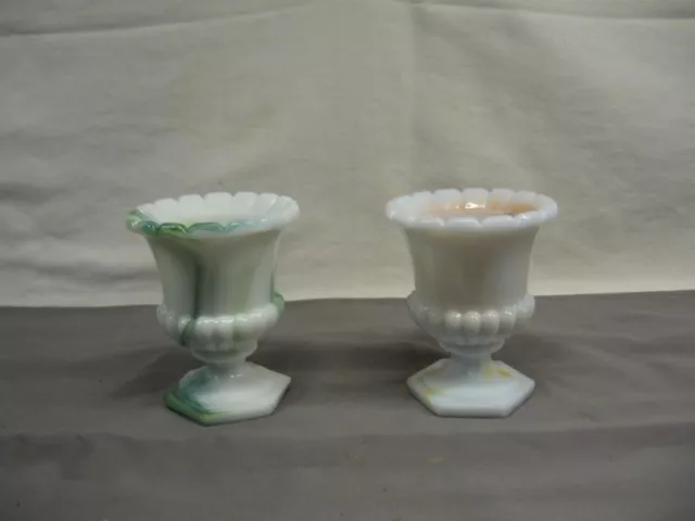 Lot of 2 Miniature Urns White & Green & White & Orange 3" Height VGC
