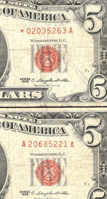 1963 $5 and 1963 $5 STAR Legal tender note red seals - 1 STAR & 1 NON-STAR