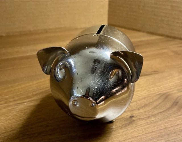 Vintage Metal Silver Tone Pig Piggy Bank Money Hong Kong Collectible