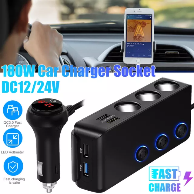 180W 12V/24V Autoladegerät Mehrfachsteckdose Adapter 3Zigarettensteckdosen 4USB