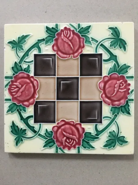 Vintage Majolica Tile ROSE FLOWER PATTERN 6in x 6in Japan . (9228)