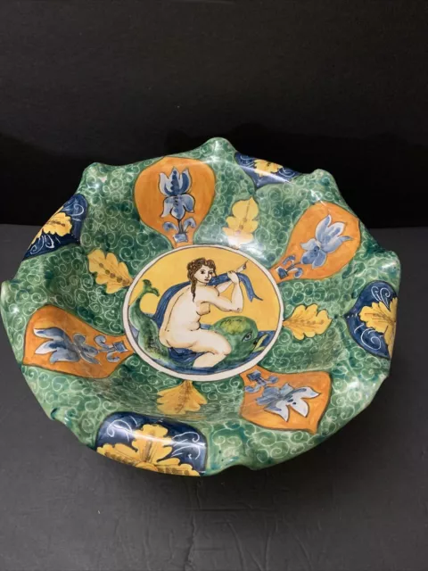 Majolica Italian Pottery Nude Lady Riding Fish Footed Bowl 12” Signed Bai Linda