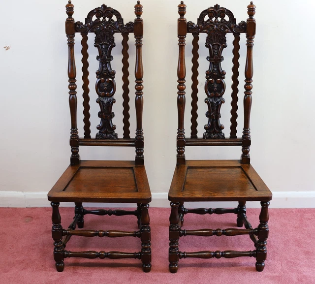 Stunning Pair Of Carolean Oak Framed Hall Chairs
