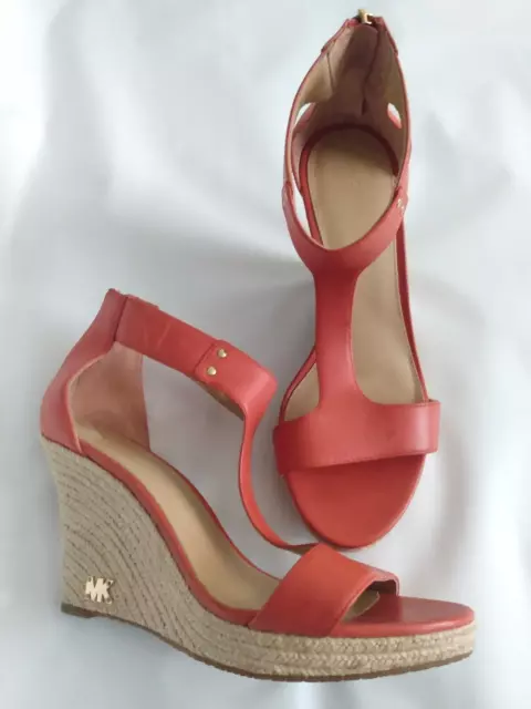 MICHAEL Michael Kors Women's Size 9M Jute Coral Leather Open Toe Wedges