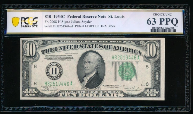 AC 1934C $10 Saint Louis FRN PCGS 63 PPQ Fr 2008-H