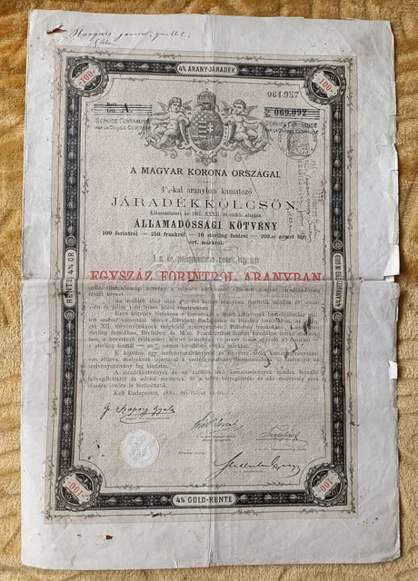 Obligation  Emprunt Or 4% 1881   Royaume De Hongrie