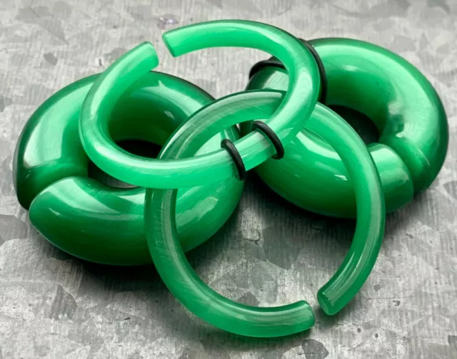 PAIR Deep Green Cat Eye Large Stone Hoops Glass Hanger Ear Plug Gauge Tunnel