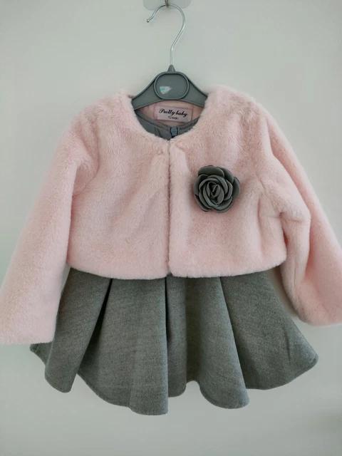 ⭐Baby Mädchen Outfit, Winter, Kleid& Fell Jacke, Grau/Rosa, Gr. 74 WIE NEU!⭐