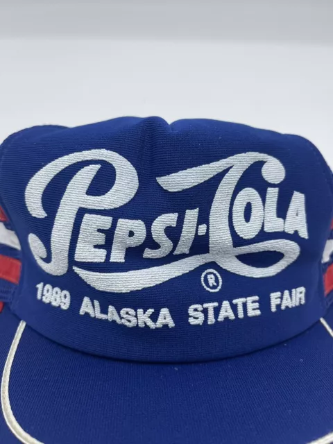 Vtg PEPSI-COLA 3 Stripe Snapback Trucker Hat Cap Red Blue 1989 Alaska State Fair