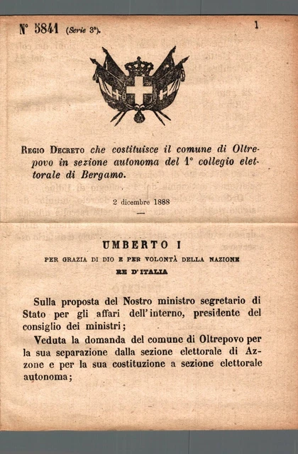 Regio Decreto Bergamo 1888 sezione autonoma comune di Oltrepovo collegio elett.
