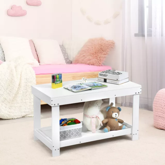 Solid Wood Kids Activity Play Table Block Table Multifunction W/Storage White 2