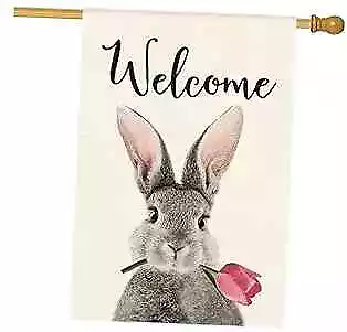 Welcome Rabbit House Flag Double Sided, Spring Easter House Size-28 x 40" Grey