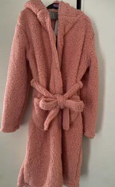 BNWT Pink Borg Dressing Gown Robe Girls George 13-14 Years Hooded Warm