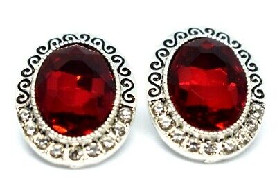 Oxidized Silver Studs Trending Oval Red Gemstone Crystals Earrings Indian AD Pak