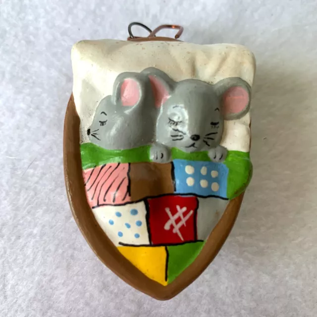 Hand Painted Mice Sleeping Christmas Ornament in Walnut Shell with Quilt Ceramic