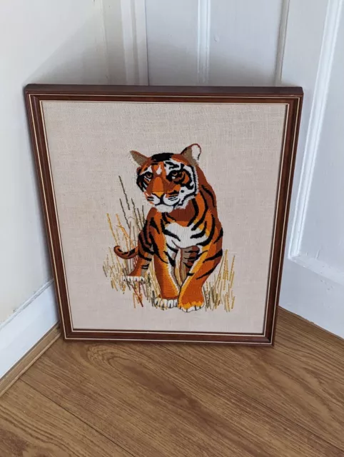 Große Vintage Tiger gerahmte Nadelarbeit Kunst