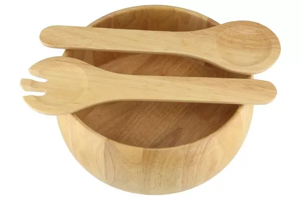 Large 10" Rubber Wood Salad Bowl Set Server Fork Spoon Food Serving Wooden 2152 2