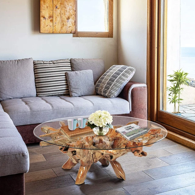 Genuine Teak Wood Root Coffee Table Including 55 Inch round Glass Top Made