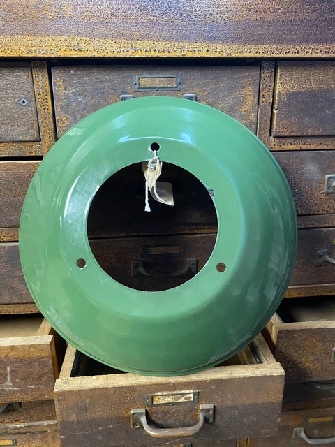 30s Vintage 13-3/4 Porcelain Industrial Green Barn Gas Station Light Shade NOS