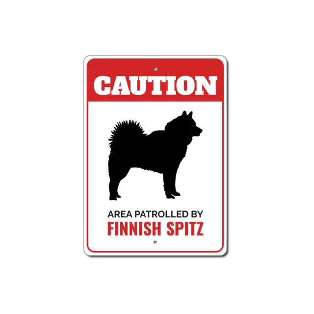 Patrolled By Finnish Spitz Caution Metal Sign Dog Kennel Pet Breed Canine K9 Paw