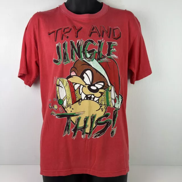 Vintage Rylor Australia Taz Devil Christmas Graphic T-Shirt Mens L Red/Gold