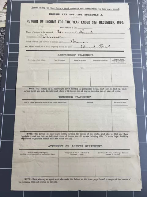 Vintage Income Tax Form 1896 Edmund Hand Farmer Brim Victoria Document