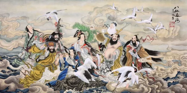 STUNNING ORIENTAL ASIAN ART CHINESE FIGURE WATERCOLOR PAINTING-Eight immortals