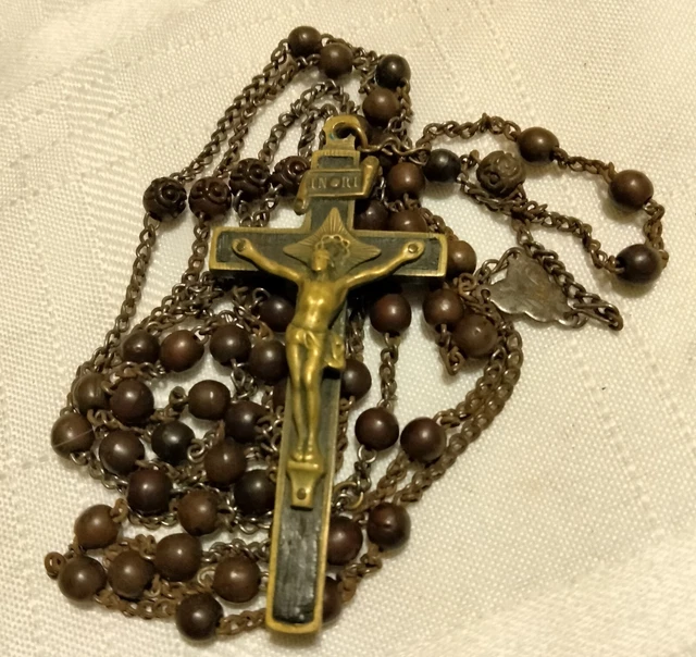 Antique Rosary Brass Crucifix 19th C Priest Owned 2