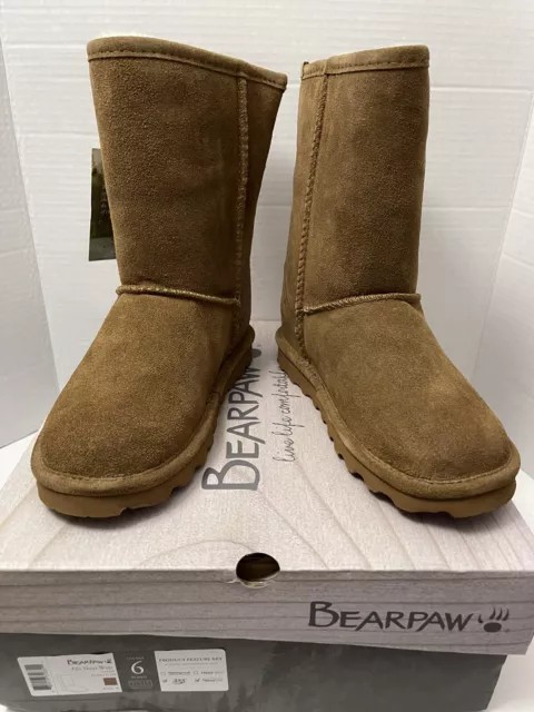 Bearpaw Boots Womens Sz 6 Wide Hickory Brown ELLE Short Fur Lined