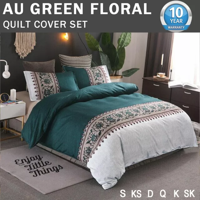 Teal Green Floral Doona Duvet Quilt Cover Bed Double Queen King Size Pillowcases