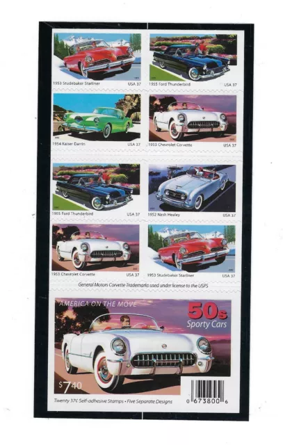 US Scott 3935b- bklt of 20 @ c 37 MNH SA "Muscle Cars" FREE MOUNT & SHIPPING