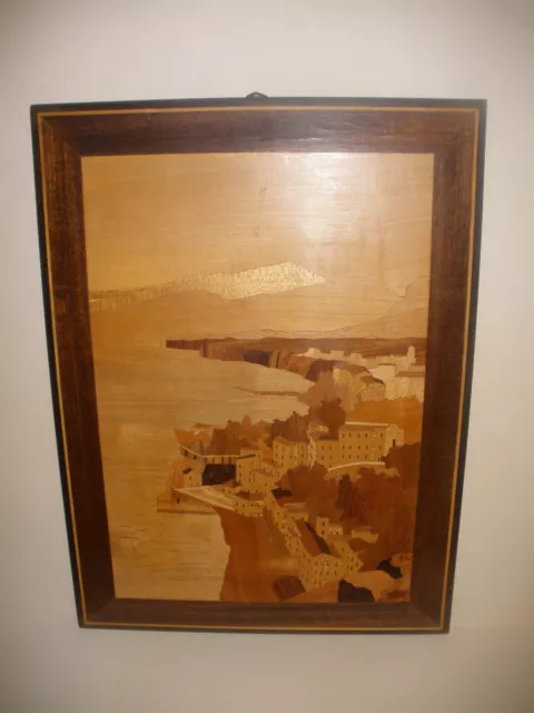 Vintage Marquetry Wooden Wood Plaque  Wall Hanging  Of Coastal City
